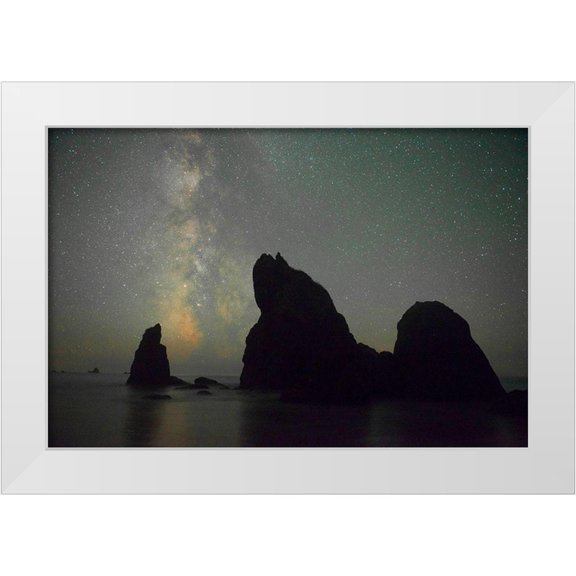 Probst, Greg 14x11 White Modern Wood Framed Museum Art Print Titled - The Milky Way rising behind sea stacks on Ruby Beach-Olympic National Park-Washington State