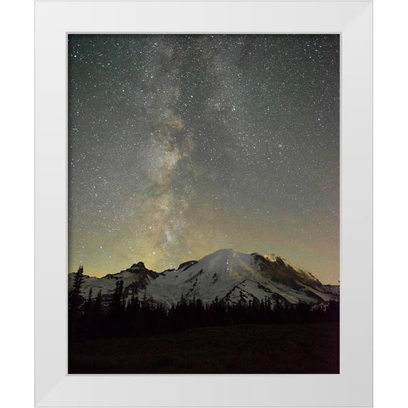 Probst, Greg 15x18 White Modern Wood Framed Museum Art Print Titled - The lights of climbers can be seen on the mountain as the Milky Way rises behind Mt Rainier