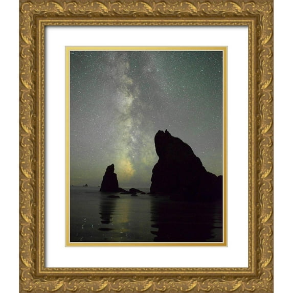 Probst, Greg 20x24 Gold Ornate Wood Framed with Double Matting Museum Art Print Titled - The Milky Way rising behind sea stacks on Ruby Beach-Olympic National Park-Washington State
