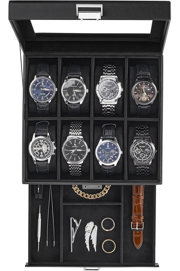 2-Layer Watch Case, 8 Slot Mens Watch Box Holder Organizer with Glass Lid -Black