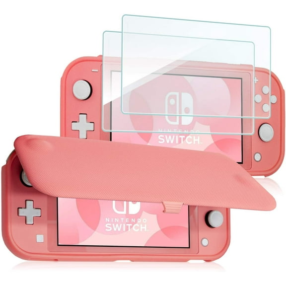 Procase Flip Cover for Nintendo Switch Lite with Tempered Glass Screen Protectors, Coral, 2 Pack
