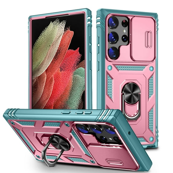 Procase for Samsung Galaxy A53 5G Case Built-in Slide Camera Cover,Heavy-Duty Magnetic Kickstand Rugged Case Shockproof/Dust/Drop Proof 3-Layer Durable Case for Galaxy A53 5G,Pink+Green