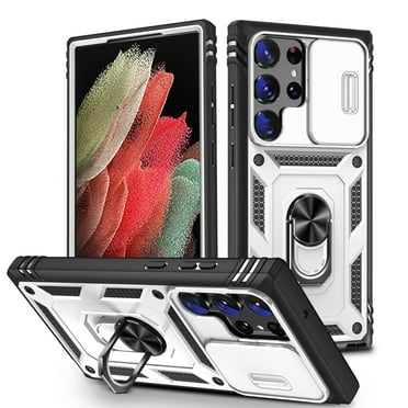 Procase for Samsung Galaxy S21 Ultra Case Built-in Slide Camera Cover,Heavy-Duty Magnetic Kickstand Rugged Case Shockproof/Dust/Drop Proof 3-Layer Durable Case for Galaxy S21 Ultra,White+Black