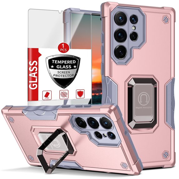 Procase for Samsung Galaxy S23 Military-Grade Shockproof Case,Galaxy S23 Cover with Free Tempered Glass Screen Protector,Magnetic Kickstand Dual-Layer Case Compatible with Samsung S23,rosegold