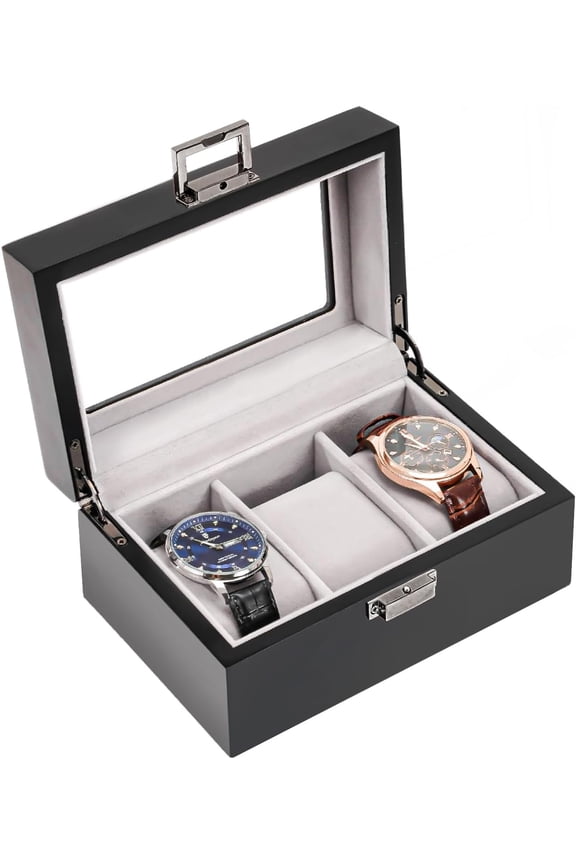 Wooden Watch Box for Men, 3 Slot Watch Display Case with Glass Lid - Black