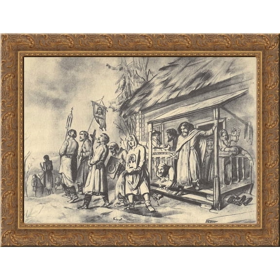 Procession on Easter. Sketch for the painting 24x20 Gold Ornate Wood Framed Canvas Art by Perov, Vasily
