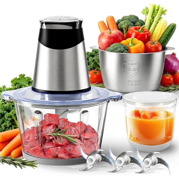 Processors Electric with Meat & Vegetable - 3 Bowls(8Cup+8Cup+3Cup) with Copper - Includes 3 Sets of Bi-Level for Fruits/Meat/Nuts