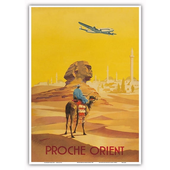 Proché Orient (Near East) - Lockheed Constellation over the Sphinx - Vintage Airline Travel Poster by Vincent Guerra c.1948 - Master Art Print 10in x 14in