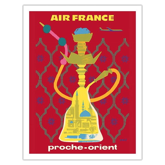 Proche-Orient (Middle East) - Hookah - France - Vintage Airline Travel Poster by Raoul Éric Castel c.1959 - Fine Art Matte Paper Print (Unframed) 20x26in