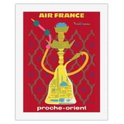 Proche-Orient (Middle East) - Hookah - France - Vintage Airline Travel Poster by Raoul Éric Castel c.1959 - Fine Art Rolled Canvas Print 20in x 26in