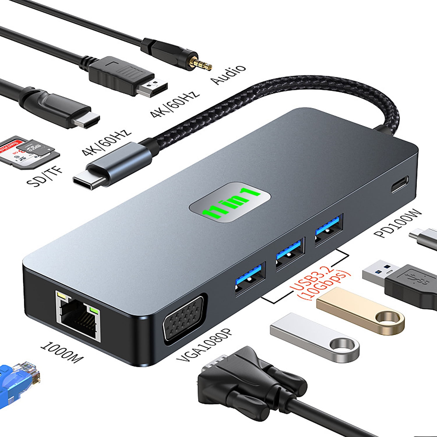 Prociv 11 in 1 Laptop Docking Station Dual Monitor, USB C Hub with Dual 4K 60HZ HDMI, 3 USB3.0 Ports, USB-C Data Port, PD 100W, 1000M Ethernet, SD/TF Card Reader, Audio