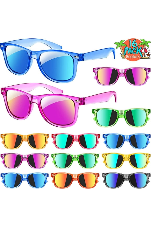16 Pack Kids Sunglasses Bulk, Kids Sunglasses Party Favor, Neon Translucent Sunglasses with UV400 Protection, Boys Girls Age 3-8, Beach Pool Birthday Party Supplies