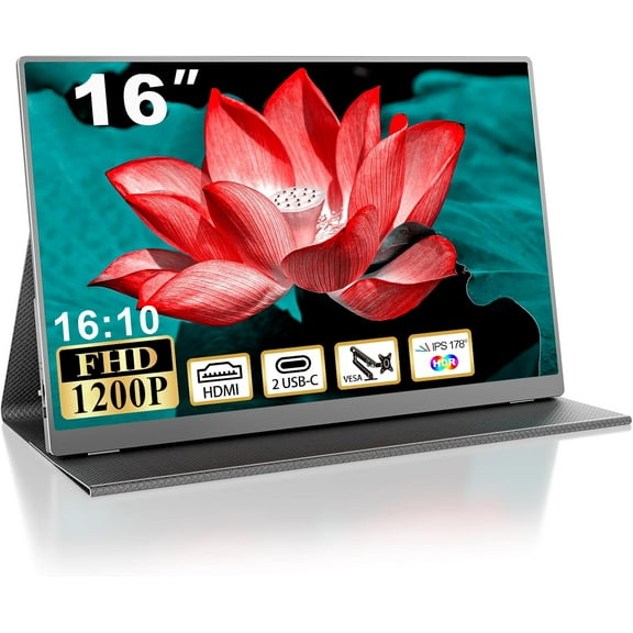 Prociv 16''Portable Monitor, Full HD (1920x1200) Computer Monitor for Laptop, Desktop, MacBook, Phones, Tablet, PS5/4, Xbox, Switch, IPS Gaming Monitor,60Hz, Black