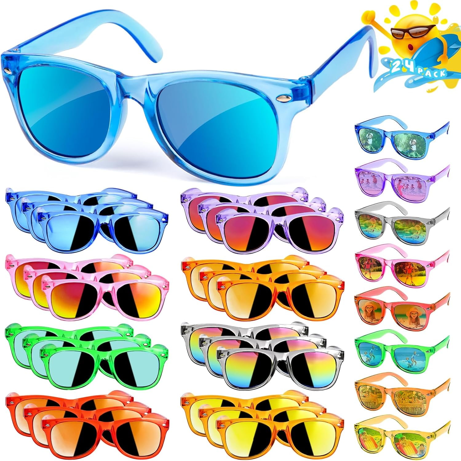 Prociv 24 Pack Kids Sunglasses Bulk, Kids Sunglasses Party Favor, Neon Translucent Sunglasses with UV400 Protection, Boys Girls Age 3-8, Beach Pool Birthday Party Supplies