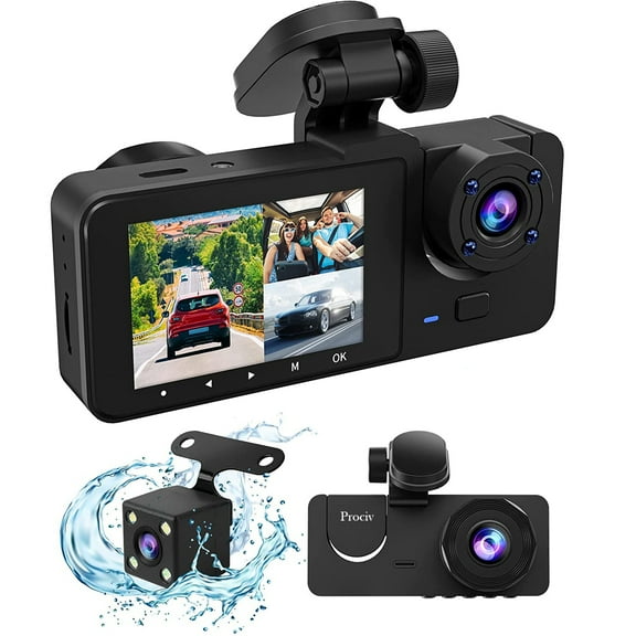 Prociv 3 Channel Dash Cam Front and Rear Inside,1080P Full HD 170 Deg Wide Angle Dashboard Camera with 2.0 inch IPS Screen,Built in IR Night Vision,Parking Mode,G-Sensor,Loop Recording