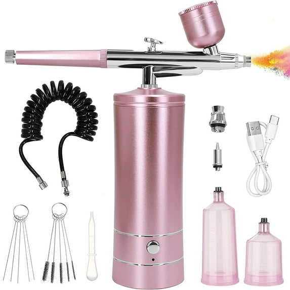 Prociv Airbrush Kit with Compressor, Auto Handheld Airbrush Gun with 0.3mm Tip, Rechargeable, Portable Air Brushes for Painting, Tattoo, Nail Art, Model Coloring, Makeup, Pink