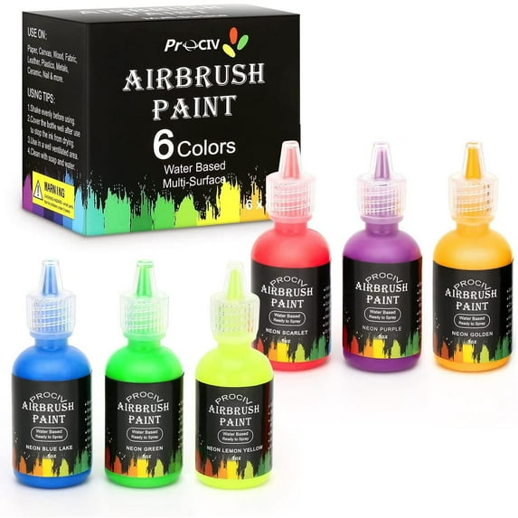 Prociv Airbrush Paint, 6 Color Acrylic Airbrush Paint Set, Water Based Read-to-Spray Air Brush Painting Set, Airbrush Spray Paint Kit for Papers, Canvas, Wood, Model(UV)