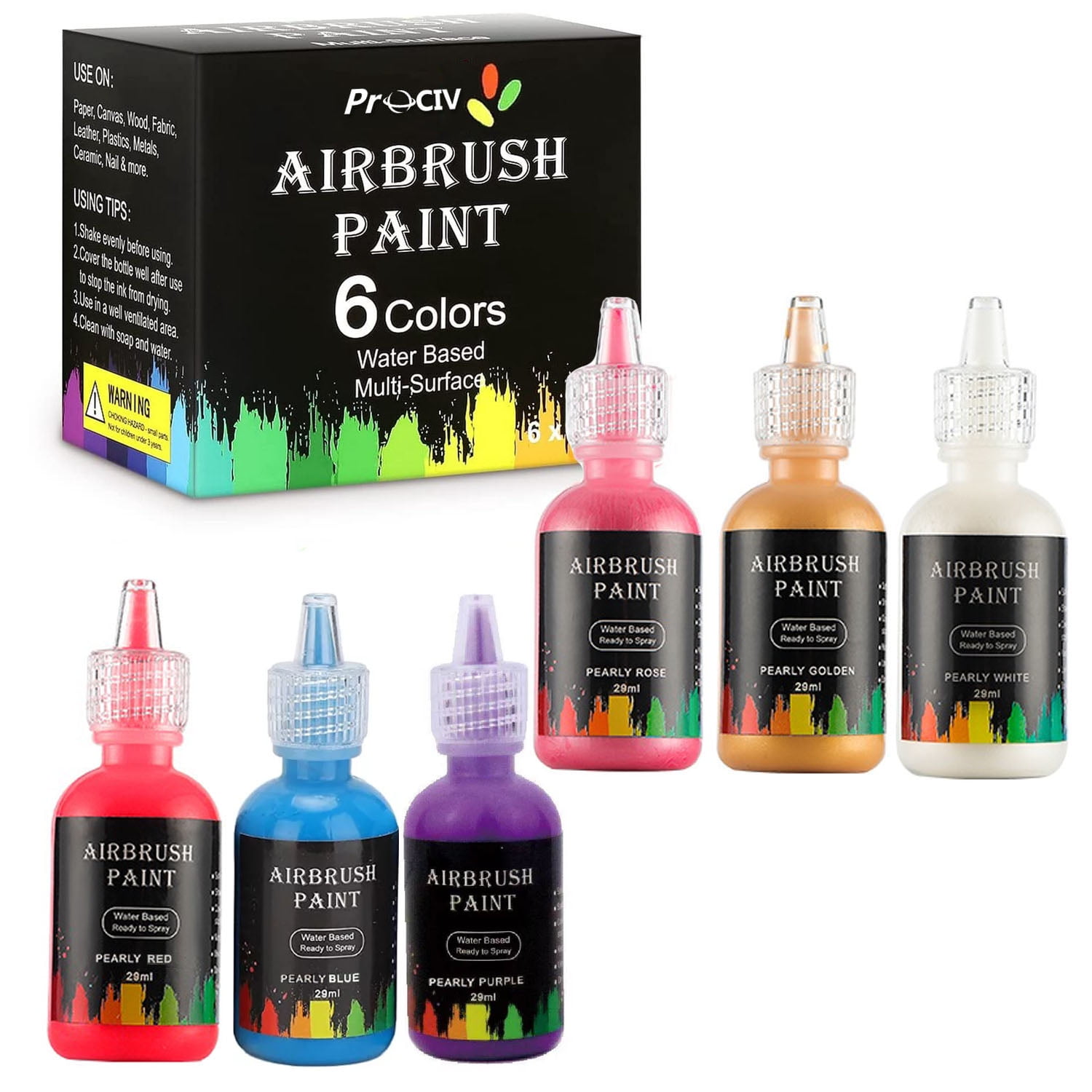 Prociv Airbrush Paint, 6 Color Acrylic Airbrush Paint Set, Water