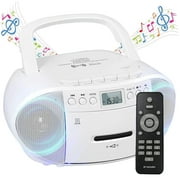 Prociv CD Player Boombox with Cassette Player, Bluetooth, AM/FM Radio,Stereo Sound with Remote Control,AUX/USB Drive,Tape Recording,AC/DC Powered,Headphone Jack,LCD Display for Home,Senior,Child, Whi