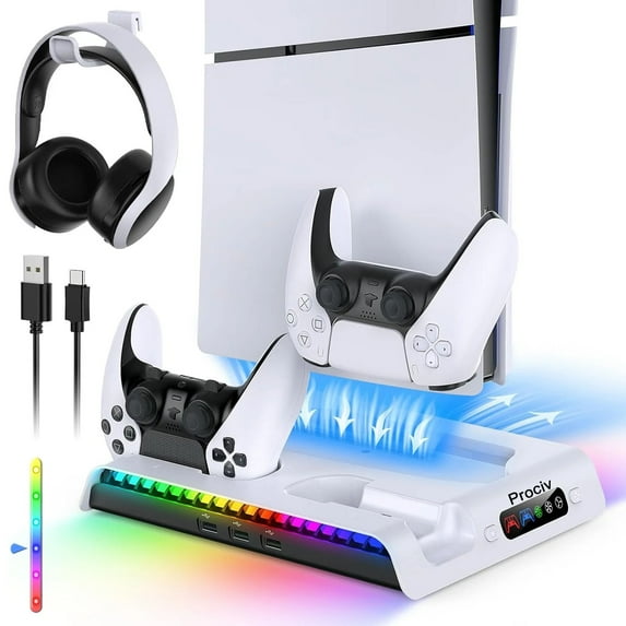 Prociv Charging Stand with Cooling Fan Only for PS5 Slim Console, Dual Controller Charger Station with 9 RGB Lights & Headset Hook & 3-Level Silent Fan, Cooler Accessories for PS5 Slim Digital/Disc