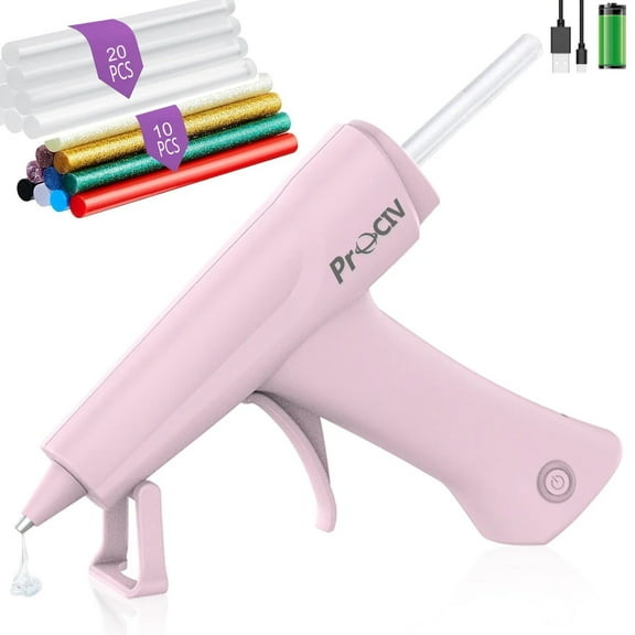 Prociv Cordless Hot Glue Gun, Fast Preheating Hot Glue Gun Kit with 30pcs Glue Sticks and Stand, Automatic-Power-Off Glue Gun for Art, Crafts, DIY, Festival Decorations, Fast Repairs Pink