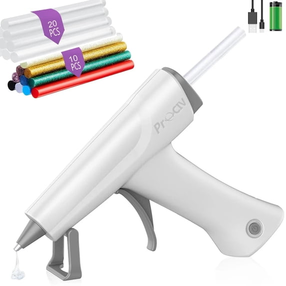 Prociv Cordless Hot Glue Gun, Fast Preheating Hot Glue Gun Kit with 30pcs Glue Sticks and Stand, Automatic-Power-Off Glue Gun for Art, Crafts, DIY, Festival Decorations, Fast Repairs White