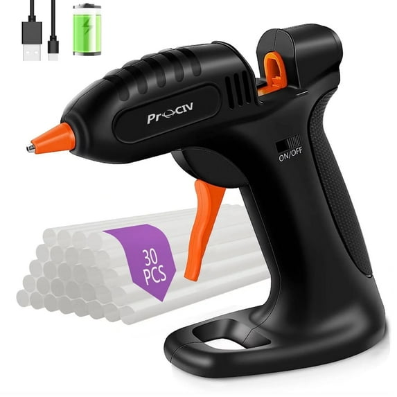 Prociv Cordless Hot Glue Gun, Fast Preheating Hot Glue Gun Kit with 30pcs Glue Sticks and Stand, USB Rechargeable Hot Melt Glue Gun Tools for Crafts, Arts, DIY and Festival Decorations Black