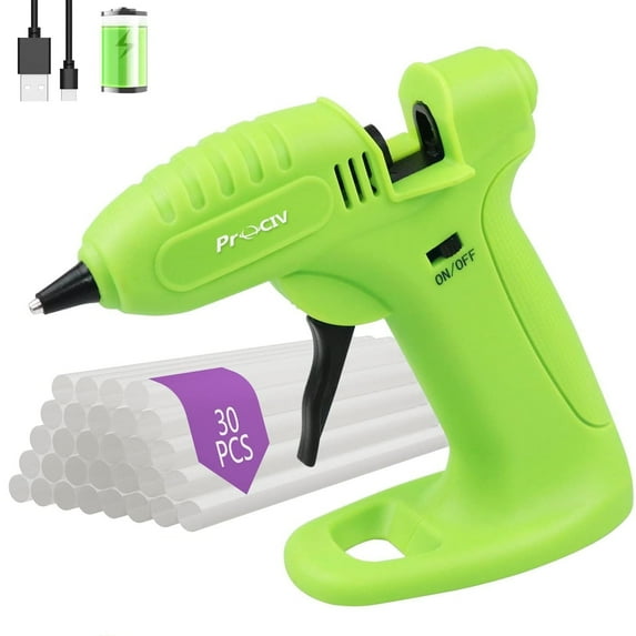 Prociv Cordless Hot Glue Gun, Fast Preheating Hot Glue Gun Kit with 30pcs Glue Sticks and Stand, USB Rechargeable Hot Melt Glue Gun Tools for Crafts, Arts, DIY and Festival Decorations Green