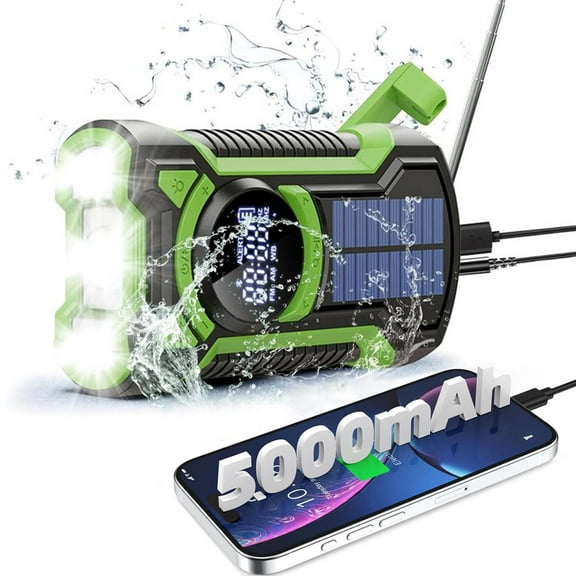 Prociv Emergency Radio Hand Crank Solar 5000mAh, IP65 Waterproof Dustproof Bluetooth 5.3 Portable AM/FM/NOAA Weather Alert Radio with Flashlight, Phone Charger, SOS, Headphone Jack Green