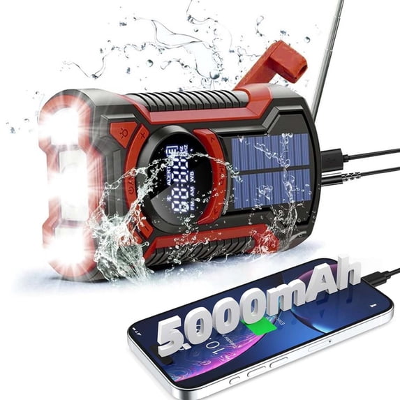 Prociv Emergency Radio Hand Crank Solar 5000mAh, IP65 Waterproof Dustproof Bluetooth 5.3 Portable AM/FM/NOAA Weather Alert Radio with Flashlight, Phone Charger, SOS, Headphone Jack Red