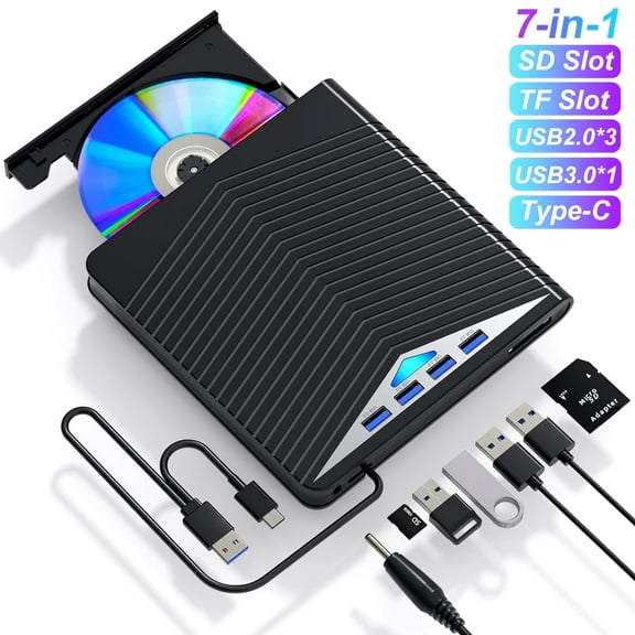 Prociv External CD/DVD Drive for Laptop, 7 IN 1 USB 3.0 Type-C Ultra-Slim Portable DVD Player, CD ROM Burner Writer External Disk Drive Optical Compatible with Laptop Desktop PC MacBook Windows Mac