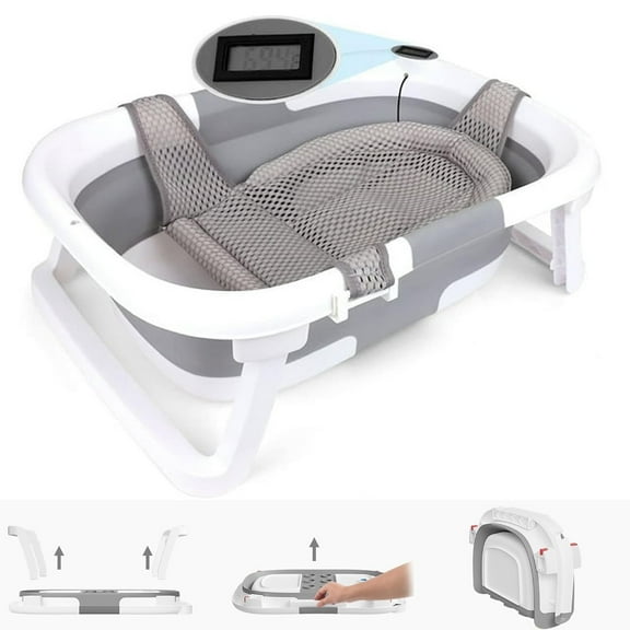 Prociv Foldable Baby Bathtub for Infants to Toddler,Portable Travel Bathtub Multifunctional Bathtub with Drain Hole, Baby Bathtub for Newborn 0-36 Month Gray (with Net)