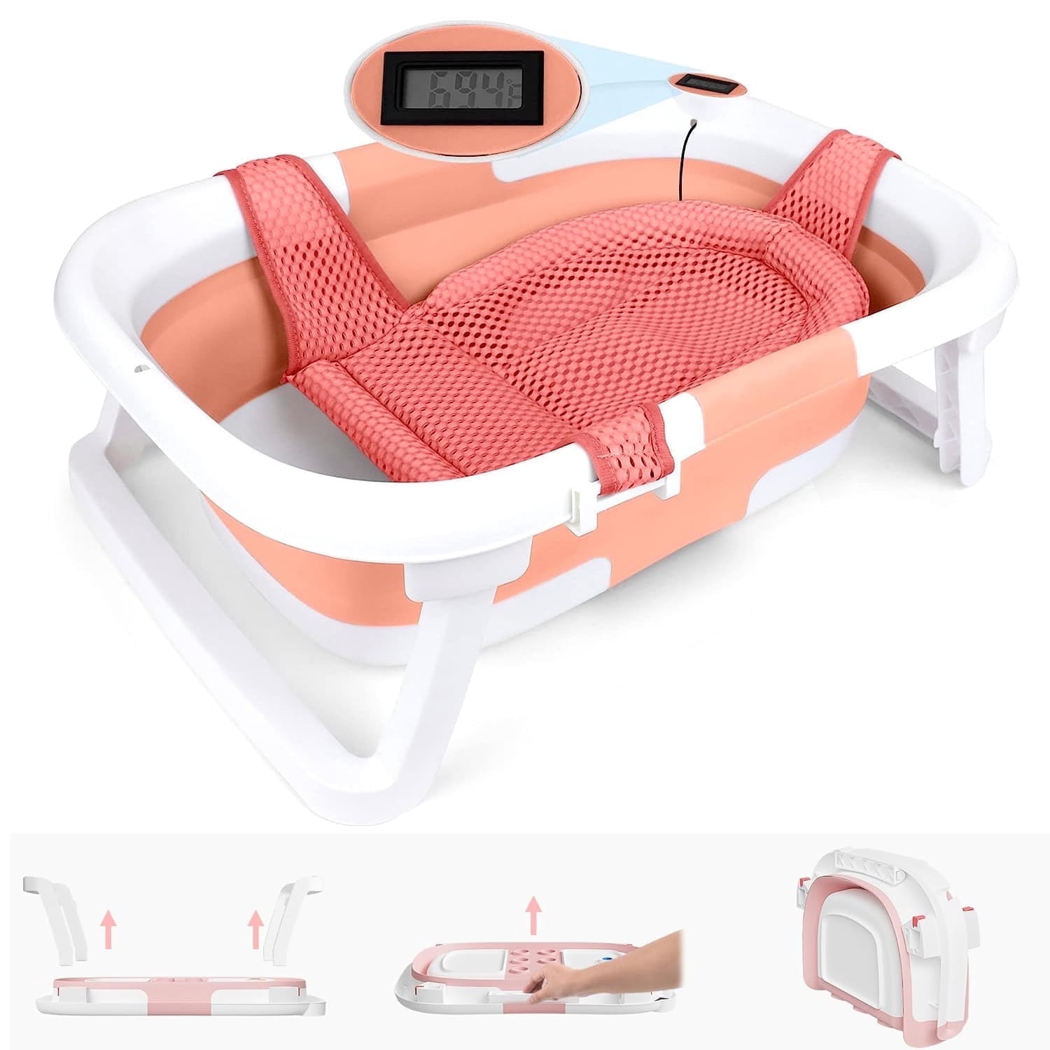 Prociv Foldable Baby Bathtub,Multifunctional Bathtub with Thermometer &Drain Hole, Baby Bathtub for Toddler 0-36 Month Pink (with Net)