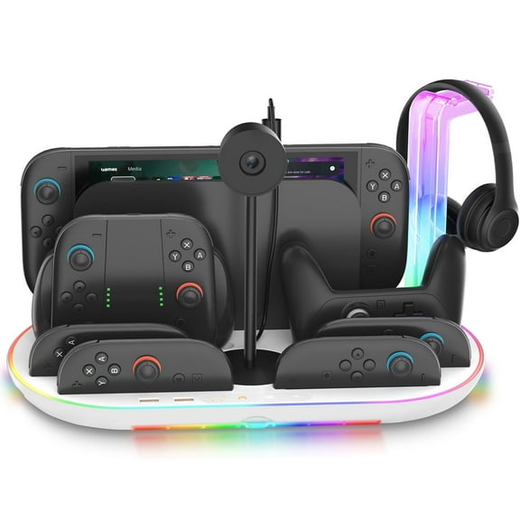 Switch 2 Charging Dock,Multifunctional Organizer Station for Nintendo Switch 2 Accessories with Console Cooling Fan,4 Joycon 2 & Pro Controller Charger,Headset Holder and 7 Card Slots(White)