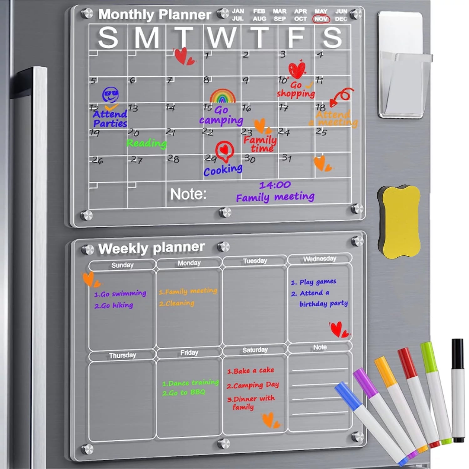 Prociv Magnetic Acrylic Calendar for Fridge, 2 Pcs Clear Dry Erase Board of Monthly & Weekly Calendar for Refrigerator Reusable, Includes 6 Dry Erase Markers 3 Colors Magnetic/Pen Holder/Towel