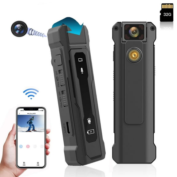 Prociv  Mini Body Camera, 1080P WiFi Video Recorder Wearable Portable Security Cam with Back Clip Design, 1080P BodyCam Tiny Camera with 180° Rotatable Lens for Travel, Camping (32GB Card Included)