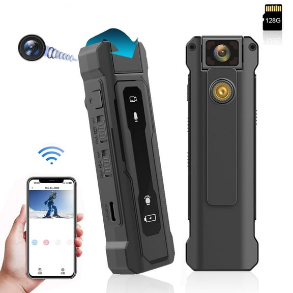 Prociv Mini Body Camera, 1080P WiFi Video Recorder Wearable Portable Security Cam with Back Clip Design, 1080P BodyCam Tiny Camera with 180° Rotatable Lens for Travel, Camping (128GB Card Included)