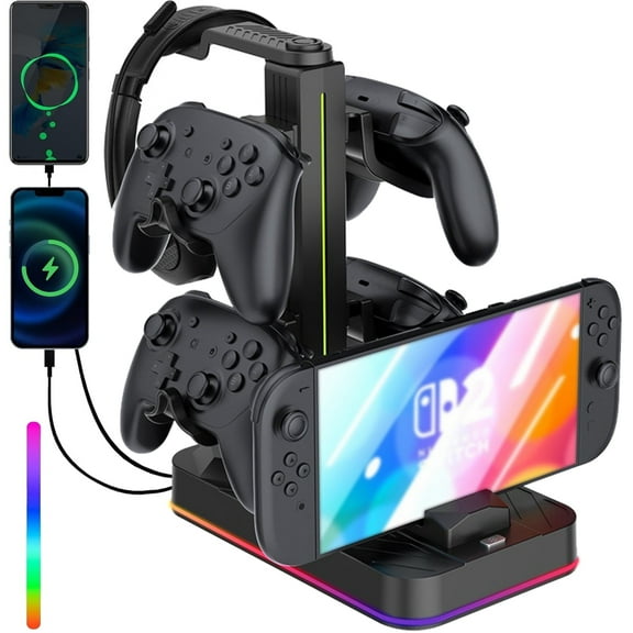 Prociv Multifunctional Charger Station for Switch 2, Controller Stand with RGB Light, Headphone Stand, and 3 USB-C Ports, Gaming Accessories, Black