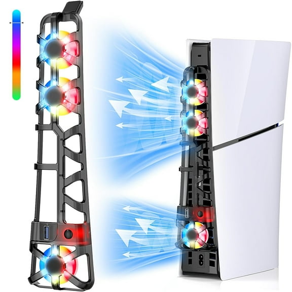 Prociv RGB Cooling Fan for PS5 Slim,Cooler Fan for Gaming Console,Cooling System for Playstation 5 Slim,Horizontal Cooling Accessories,with 3 High-Speed Cooling Fans (Black)