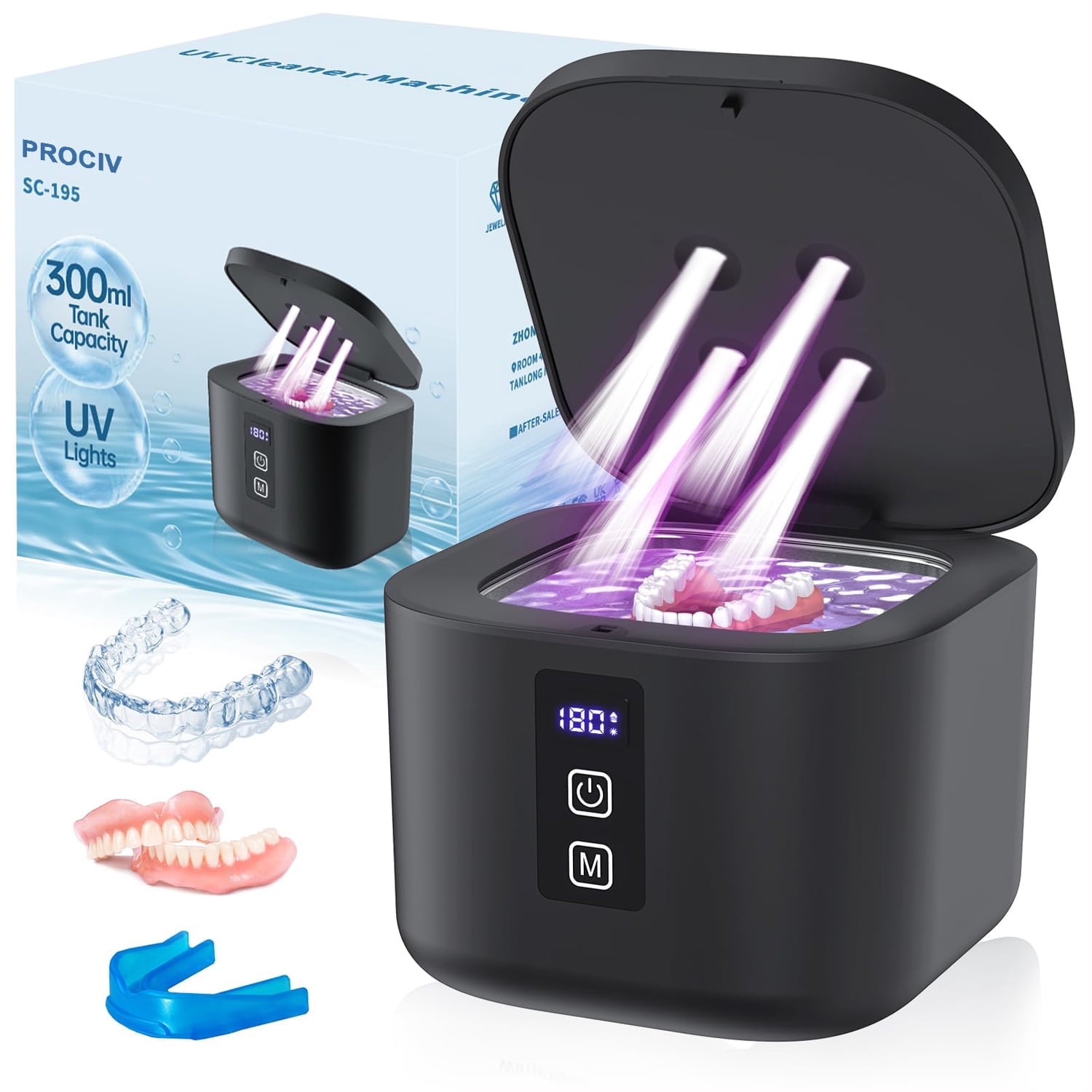 Prociv Ultrasonic Retainer Cleaner Machine 48kHz for Dentures, Mouth Guards, Braces, Toothbrush Heads, Jewelry, Ring with 300ML Capacity, 4 Modes Retainer Cleaning (Black)