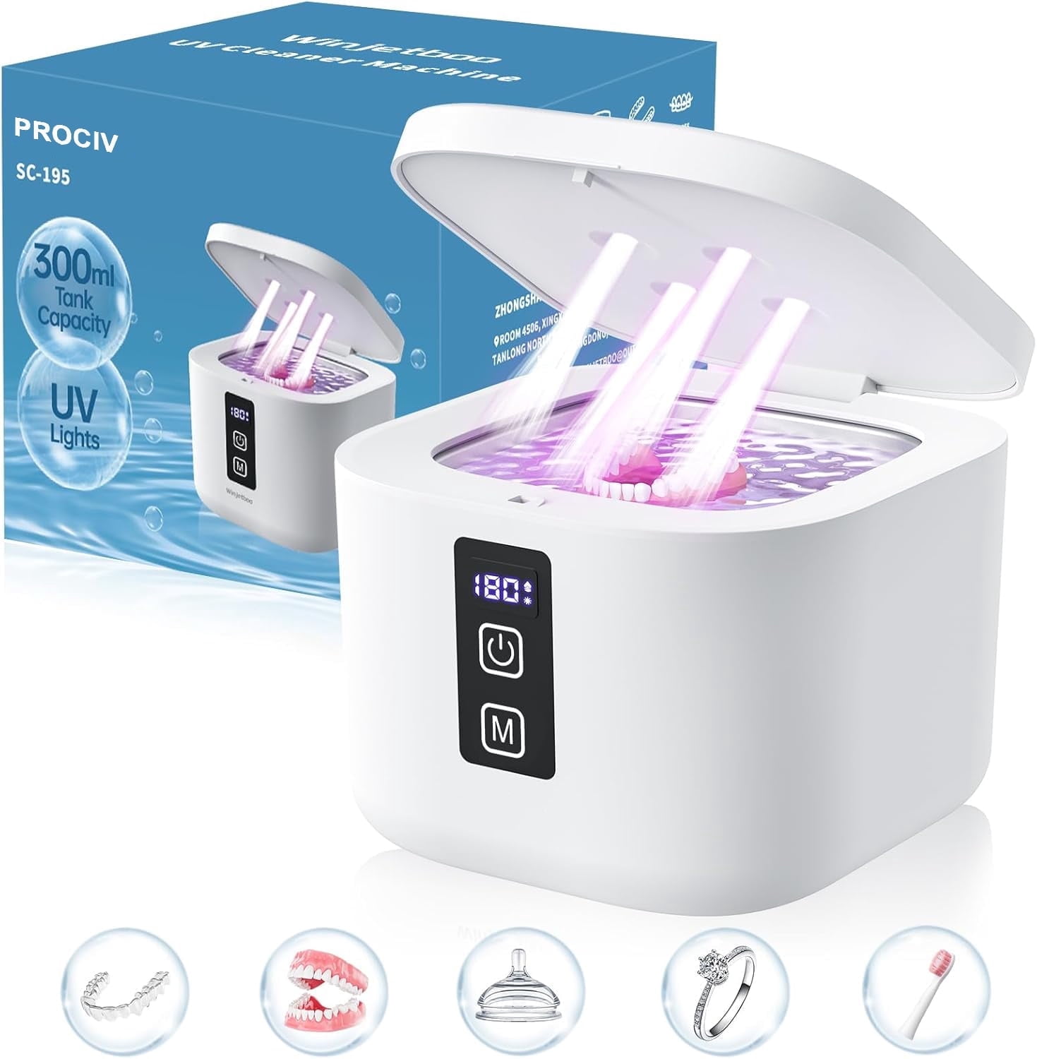 Prociv Ultrasonic Retainer Cleaner Machine 48kHz for Dentures, Mouth Guards, Braces, Toothbrush Heads, Jewelry, Ring with 300ML Capacity, 4 Modes Retainer Cleaning (White)
