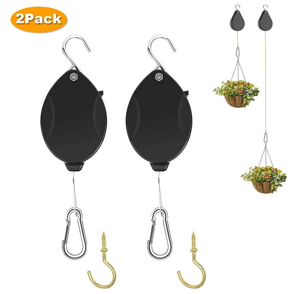 Prociv Upgraded Retractable Plant Hook Pulley, Adjustable Plant Hanging Hanger for Garden Baskets, Bird Feeder with 2 Pcs Metal Ceiling Plant Hooks, 2Pack