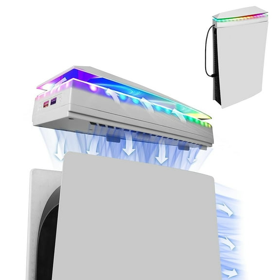 Prociv Upgraded Upper RGB Cooling Fan for PS5, Top Cooling System Cooler Fan with RGB Light, 3 Speed Adjustable Fan, Dual USB 2.0 Port for PS5 Console - White