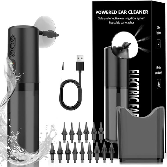 Prociv Water Powered Ear Cleaner, Safe & Effective Electric Triple Jet Stream with 4 Pressure Settings for Ear Wax Buildup, Water Resistant, USB Rechargeable Black