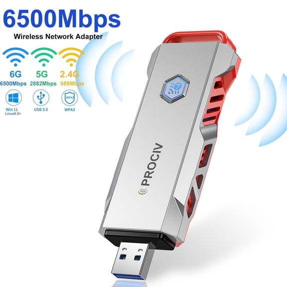 Prociv WiFi 7 USB 3.0 WiFi Adapter for PC Desktop, AX6500M Tri-Band 6GHz/5GHz/2.4GHz Wireless Network Adapter Drive-Free for Windows 10/11 Desktop Laptop Silver