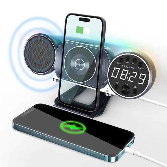 Prociv Wireless Charging Bluetooth Speaker, Multifunctional Wireless Charging Alarm Clock Audio Dimmable LED Night Light Display USB Charger for Bedrooms Office Luminous Blue