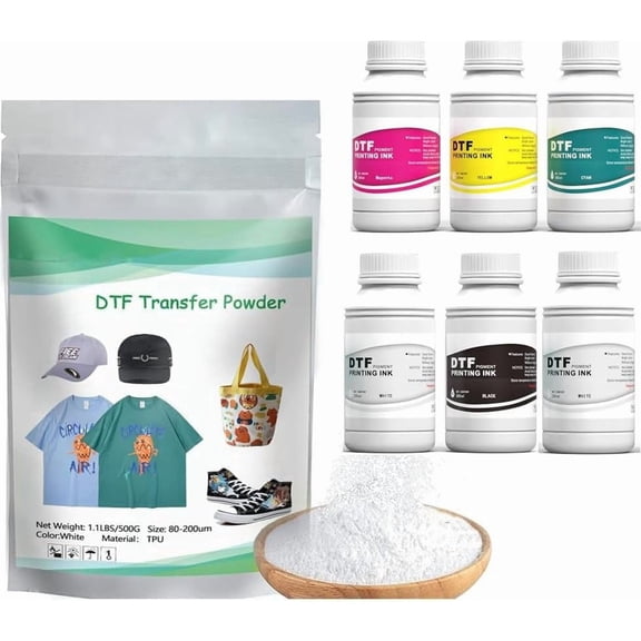 Procoloredfun DTF Ink 1500 ml and Powder Set 6 x 250ml Ink CMYKW+Protection Fluid 500 g DTF Powder for A3 A4 l1800 L805 DTF Printer Machine Direct to Transfer Supply Kits