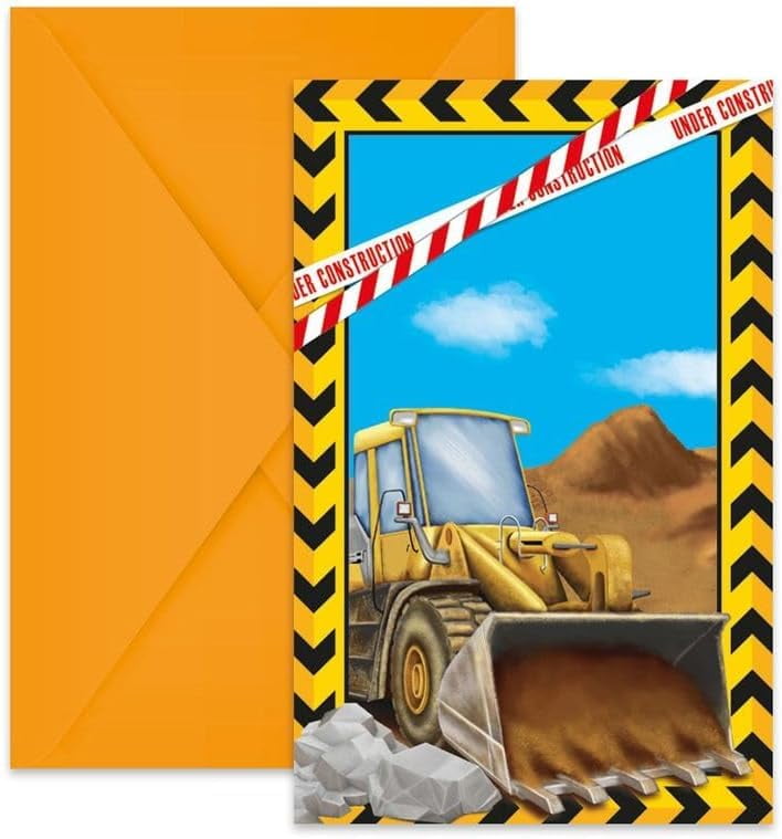 Procos Construction Site Happy Birthday Party Invitation Cards & Envelopes Pack of 6 (3.5" x 5.5")