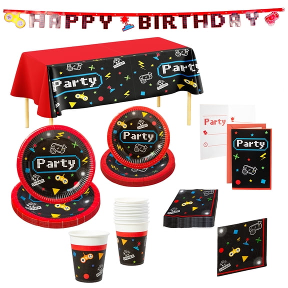 Procos Gamer Themed Birthday Party Kit with 8 Large & 8 Small Plates, 8 Cups, 20 Napkins, 6 Invitations, 1 Banner, 1 Tablecloth