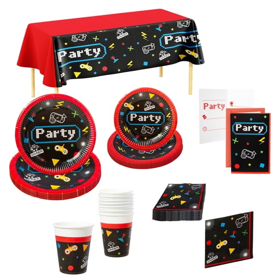Procos Gamer Themed Birthday Party Kit with Plates, Cups, Napkins, Invitations & Tablecloth – FSC Certified